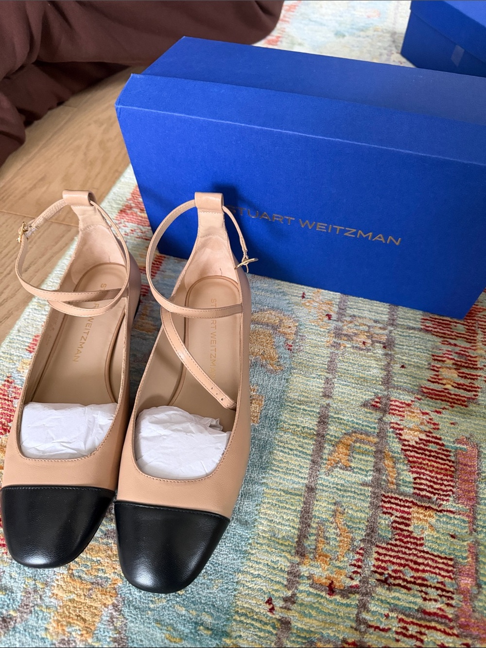 Stuart Weitzman Two-Tone Nude and Black Ankle-Strap Flats